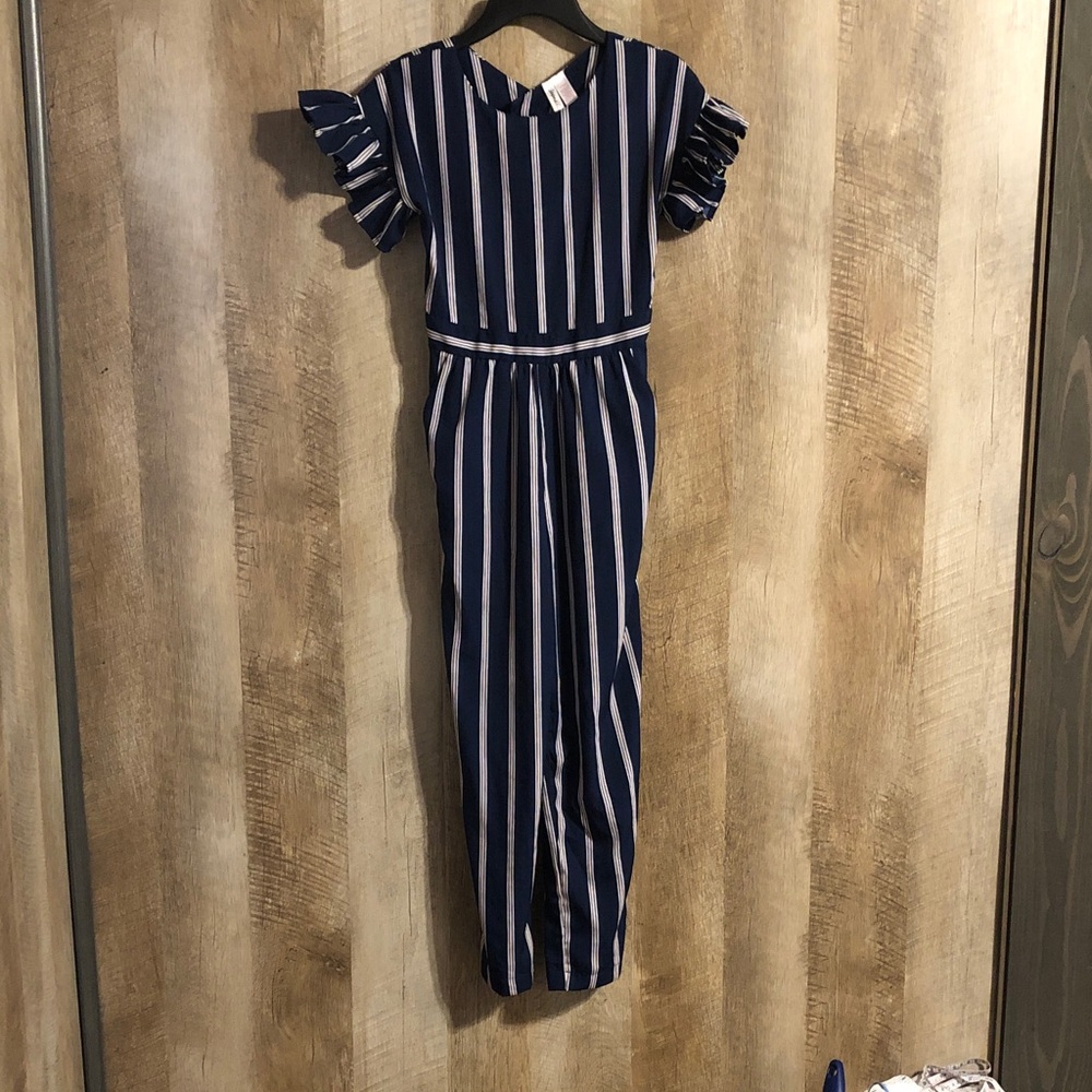 Japna Navy, White, and Pink Striped Jumpsuit with Ruffled sleeve,  pockets